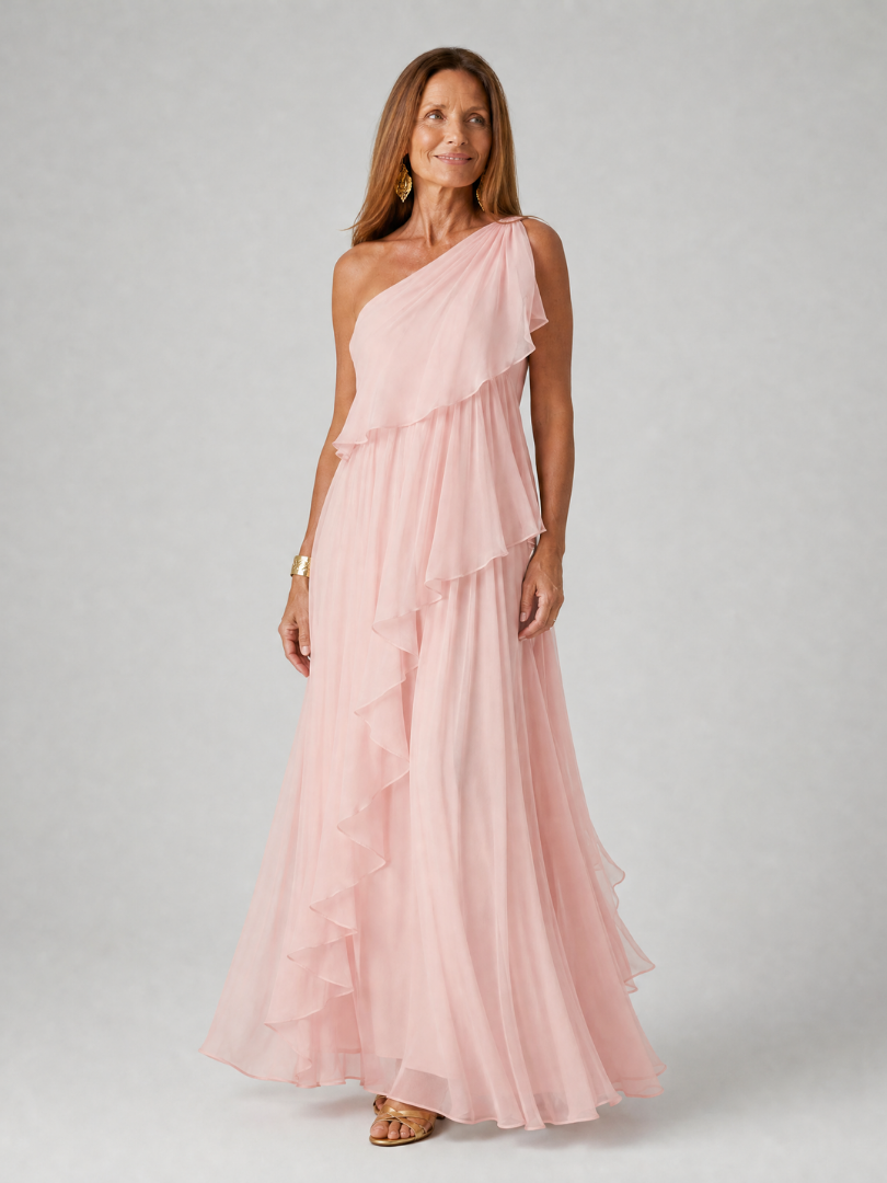 One Shoulder Cascading Ruffle Chiffon Maxi Gown