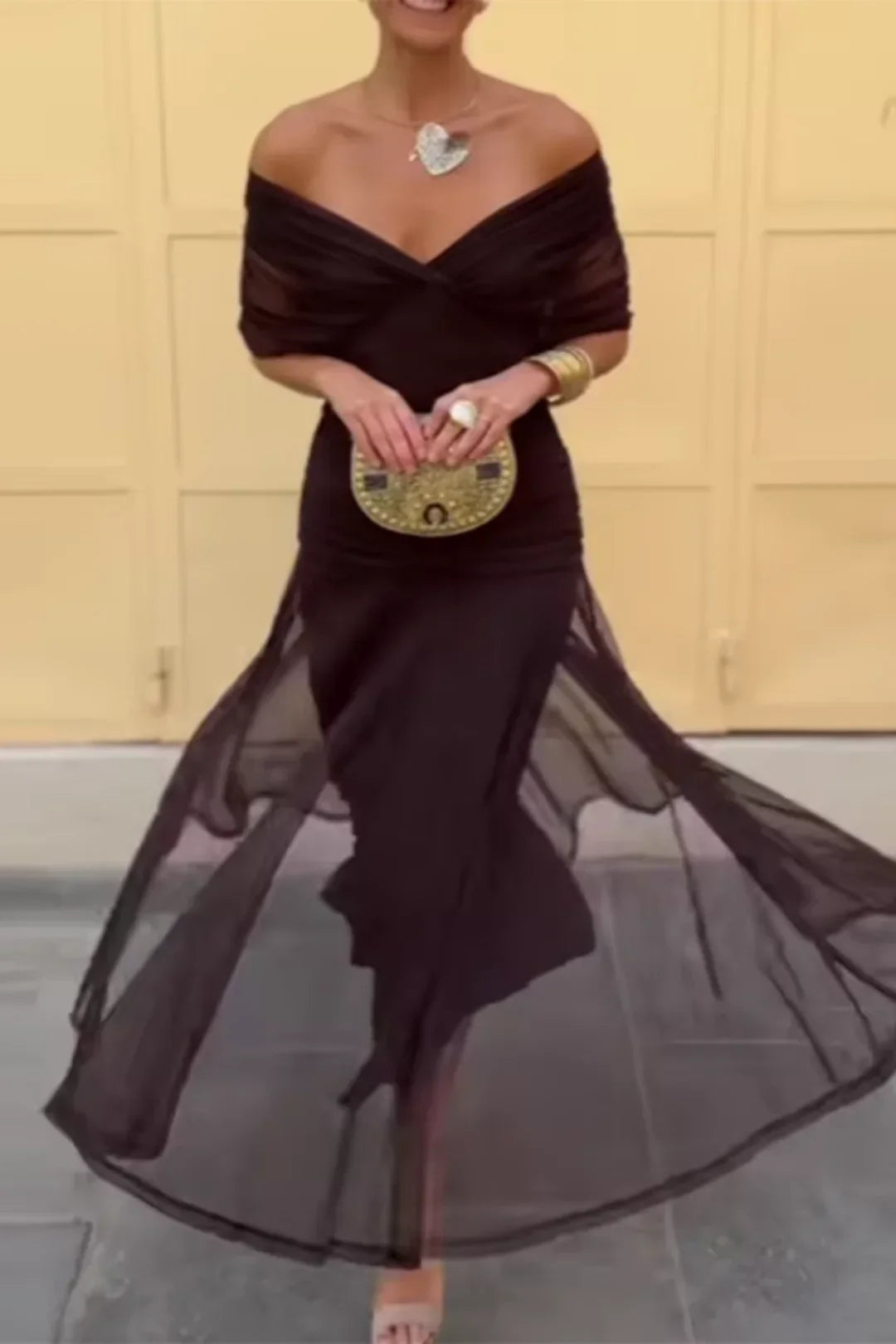 Chiffon Deep V-Neck Short Sleeve Ruched Waist Maxi Dress