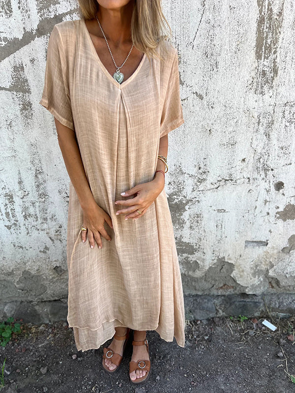 Linen V-Neck Short Sleeve Loose Midi Dress