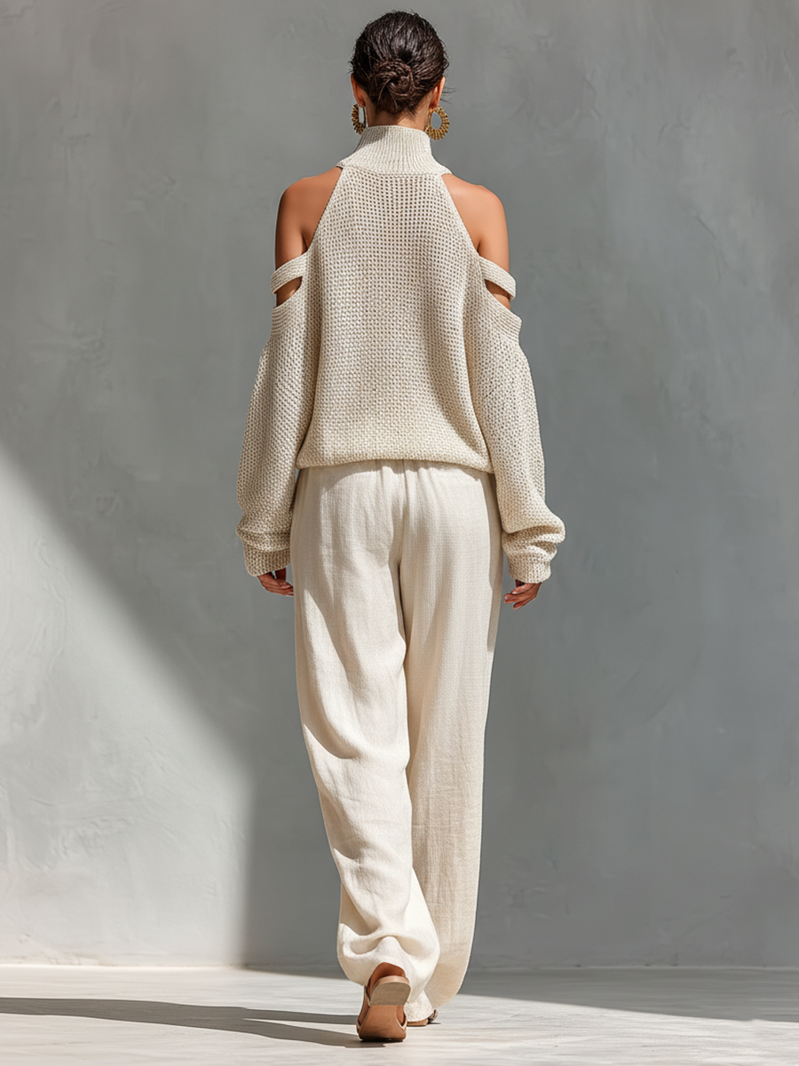 MARIA | Knit Fabric Cold-Shoulder Turtleneck Top & Wide-Leg Pants Set