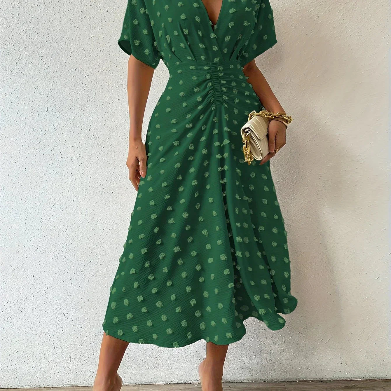 Swiss Dot Flutter Sleeve Pleated Back A-Line Midi Dress