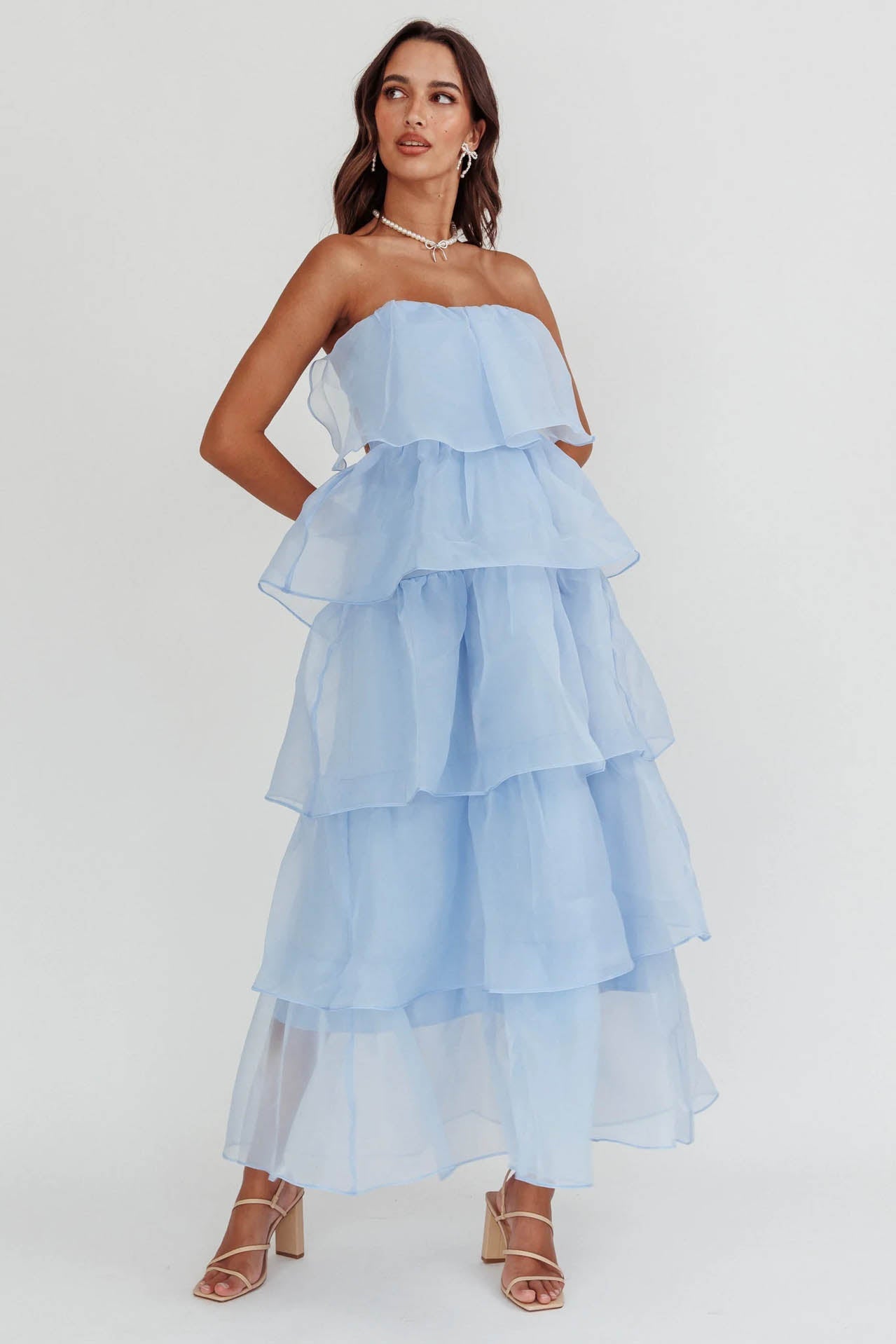 Strapless Backless Tiered Ruffle Organza Maxi Dress