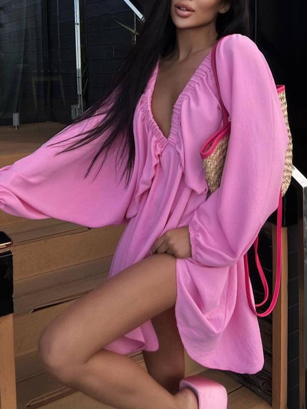 Deep V-Neck Balloon Sleeve Ruched Babydoll Mini Dress