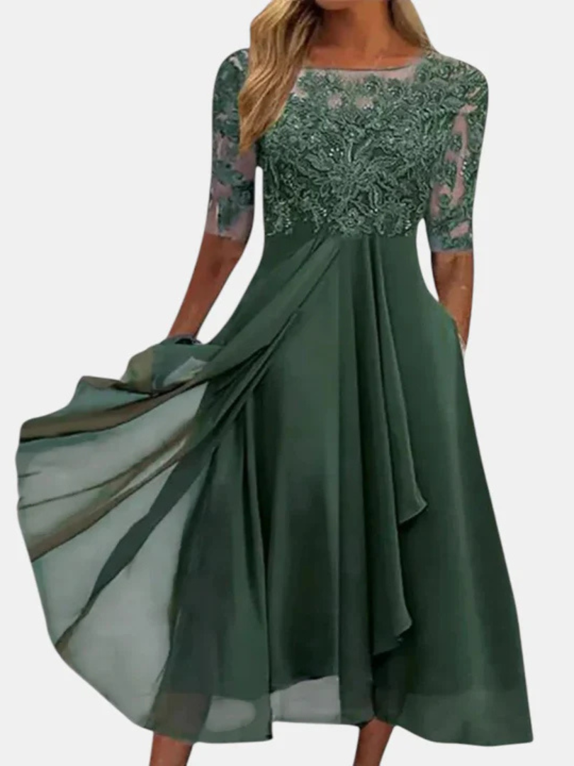 Lace Bodice Illusion Neckline 3/4 Sleeve Chiffon A-Line Tea Length Dress