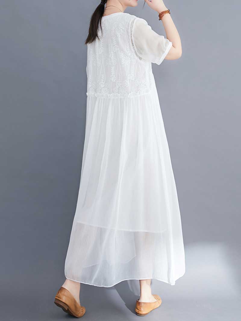 Lace Bodice Sheer Overlay Empire Waist Handkerchief Hem Midi Dress