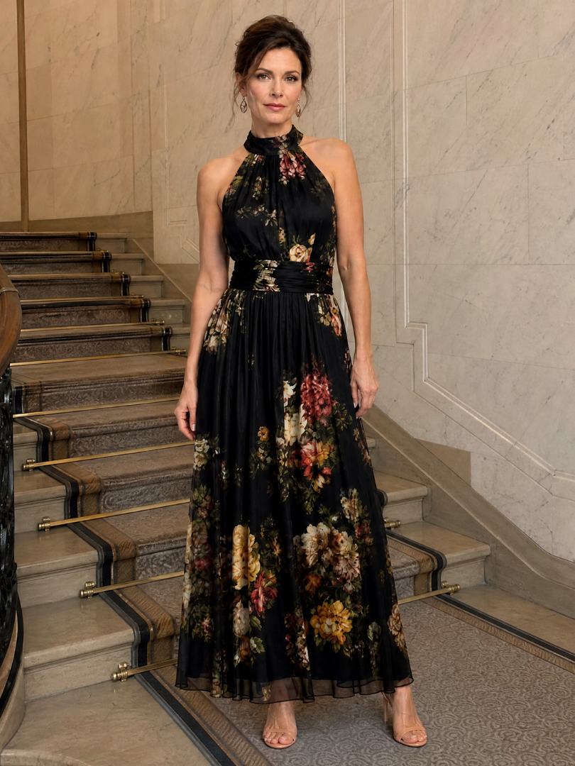Floral Halter Neck Ruched Waist Maxi Dress