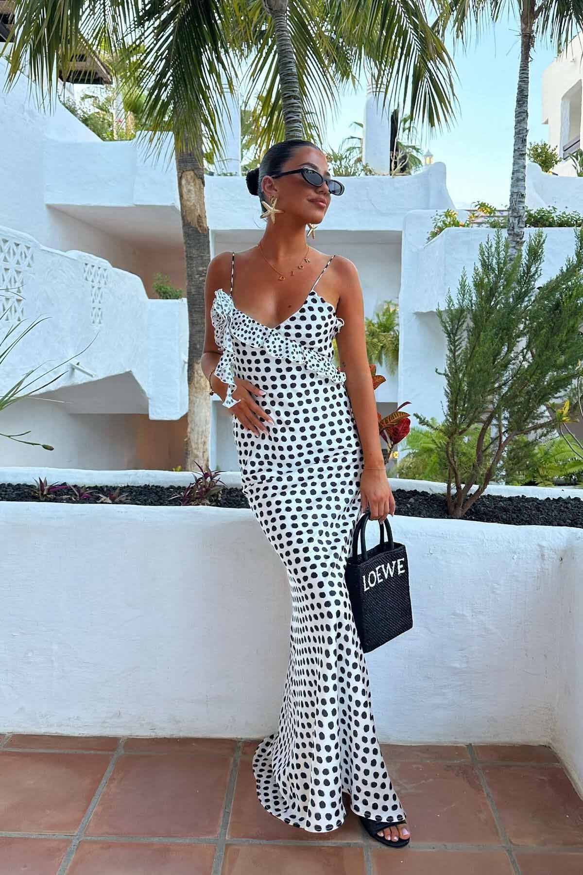 Polka Dot Ruffle Trim Spaghetti Strap Mermaid Maxi Dress