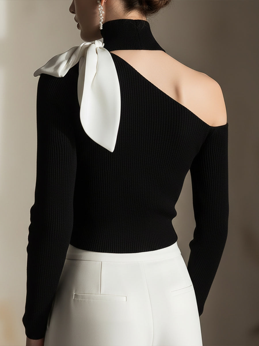One Shoulder Cut Out Choker Neck Bow Long Sleeve Knit Top