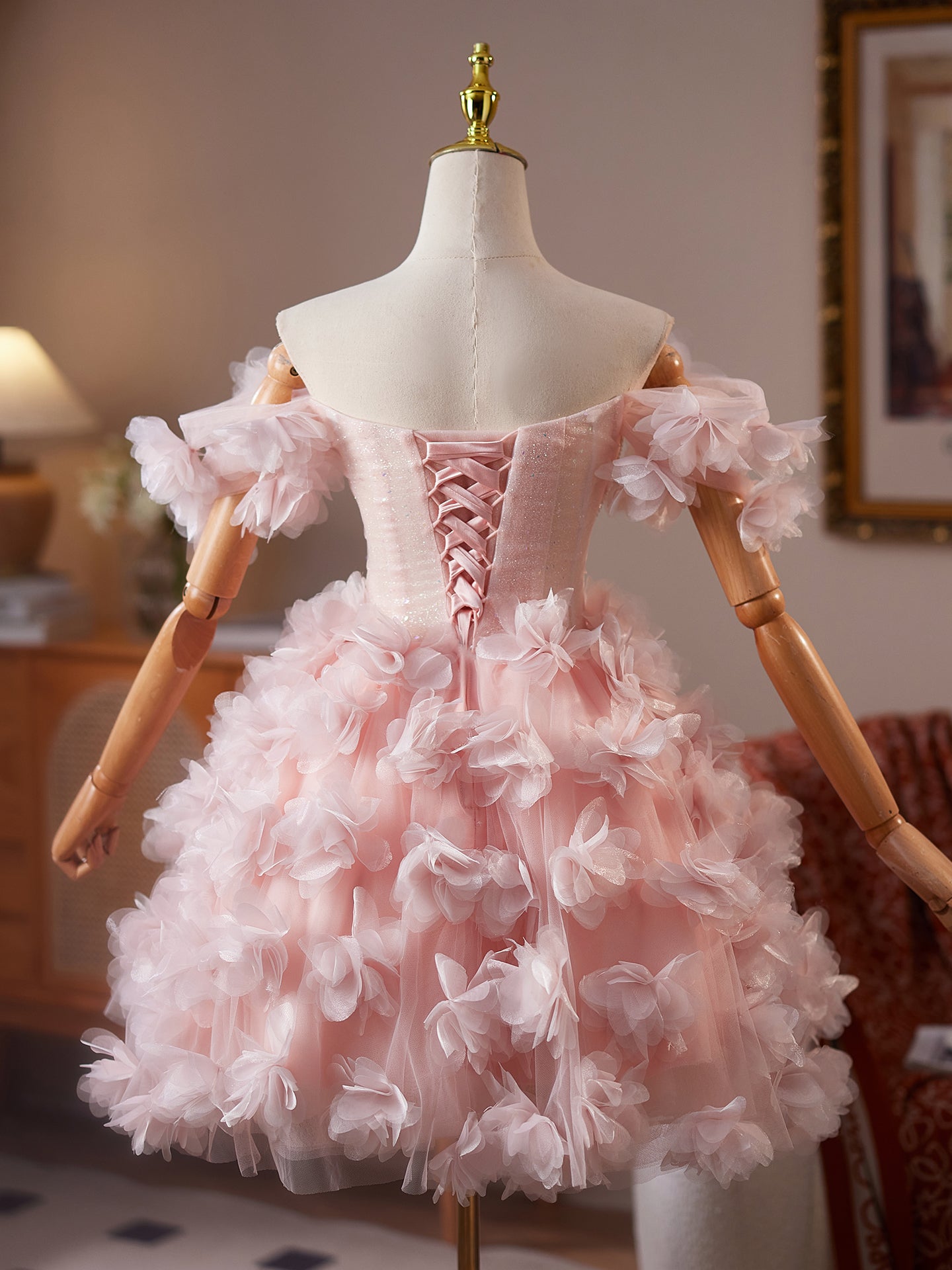 Princess Pink Off The Shoulder Ball Gown Homecoming Dress with Crystals