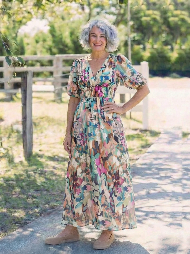 Floral V-Neck Puff Sleeve Gathered Waist Midi Dress