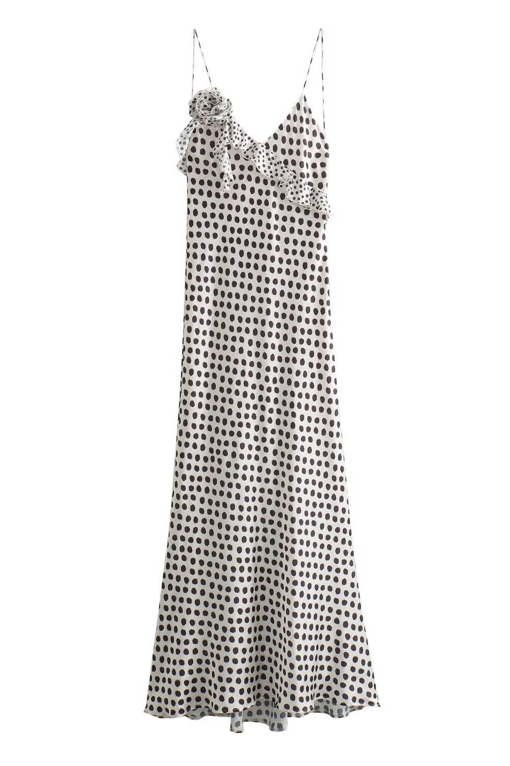 Polka Dot Ruffle Trim Spaghetti Strap Mermaid Maxi Dress 4