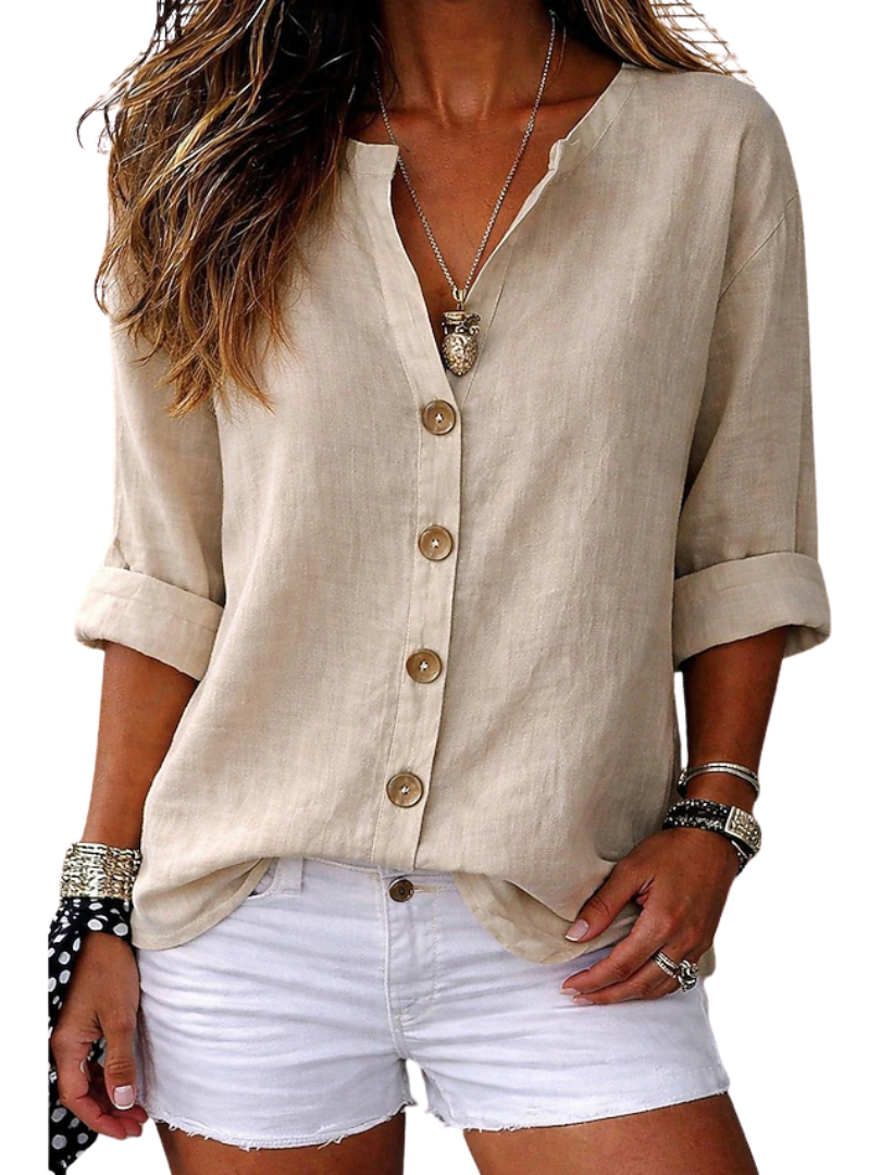 V-Neck Roll Sleeve Button Front Linen Look Shirt