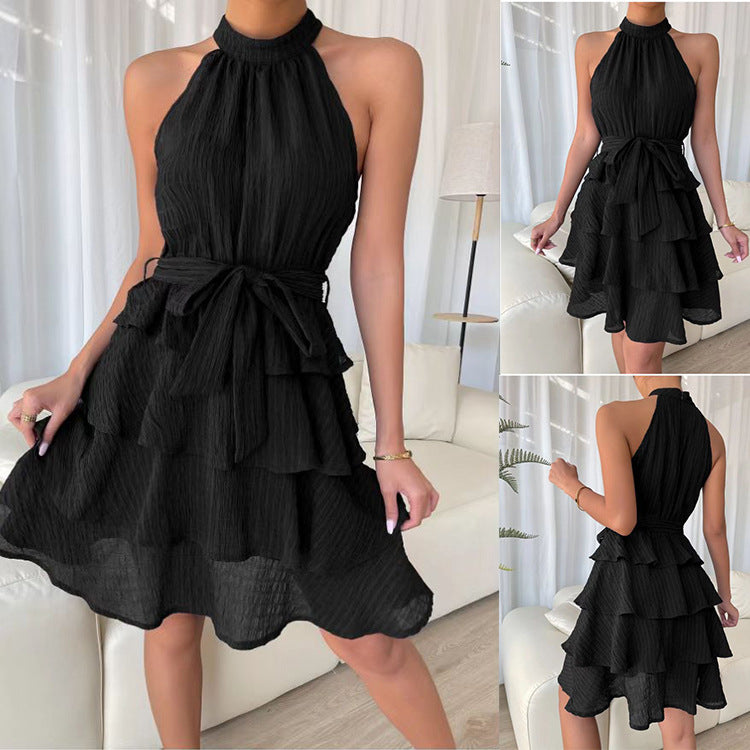 Textured Halter Neck Sleeveless Tie Waist Tiered Ruffle Mini Dress 5