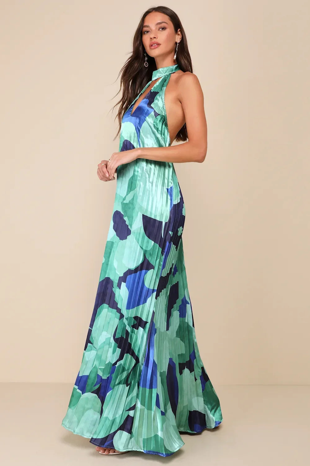 Halter Neck Cut Out Pleated Satin Maxi Dress 5