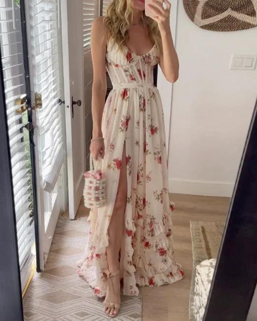 Floral Print Spaghetti Strap Sweetheart Corset Bodice High Split Midi Dress