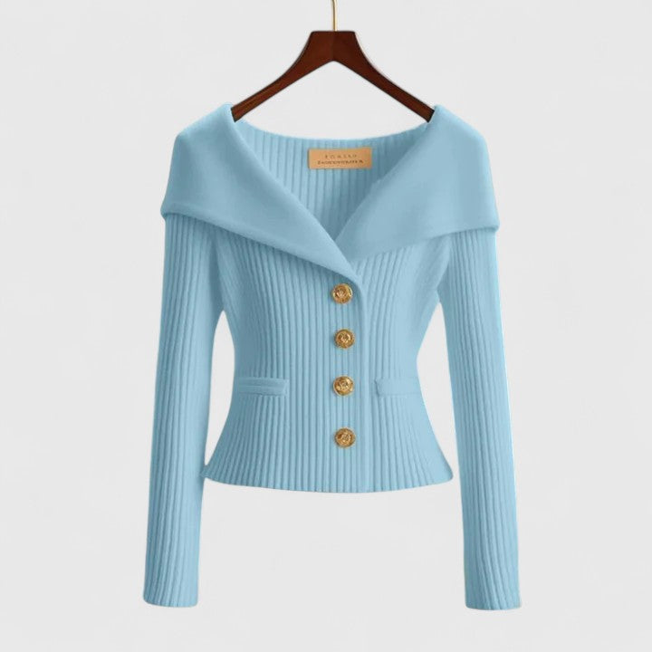 Portrait Collar Button Front Ribbed Knit Sweater