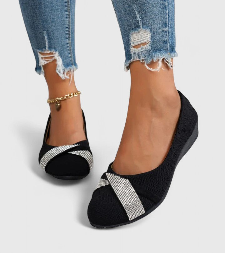Rhinestone Cross Strap Round Toe Wedge Flats