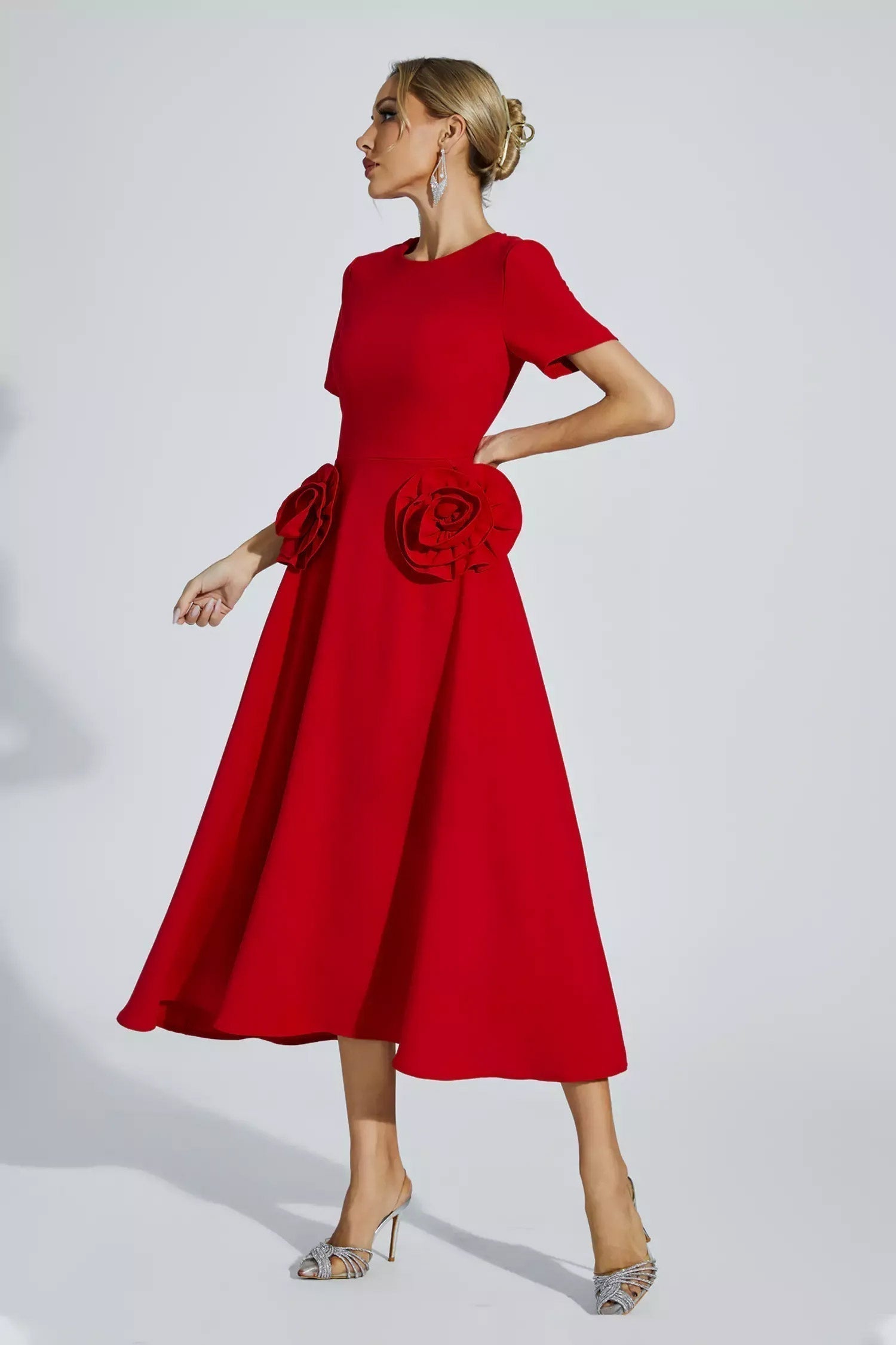 Short Sleeve Pocket Fit and Flare Midi Dress