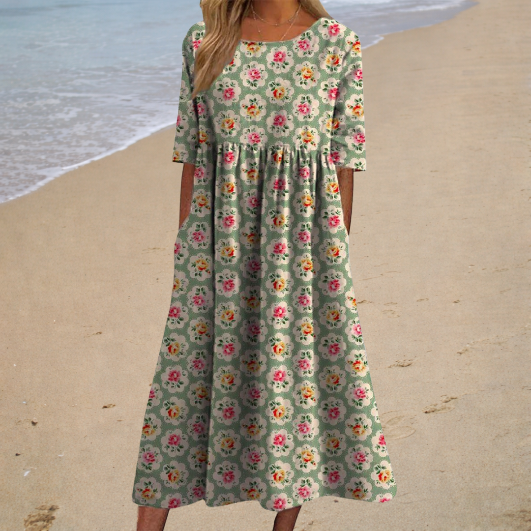 Rose Floral Print Round Neck Half Sleeve Pocket Maxi Dress