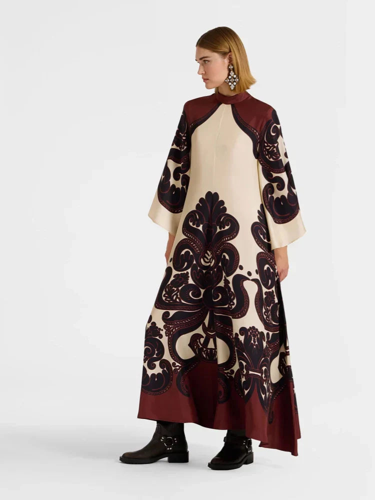 Scroll Print Satin Tie Neck Bell Sleeve A-Line Maxi Dress