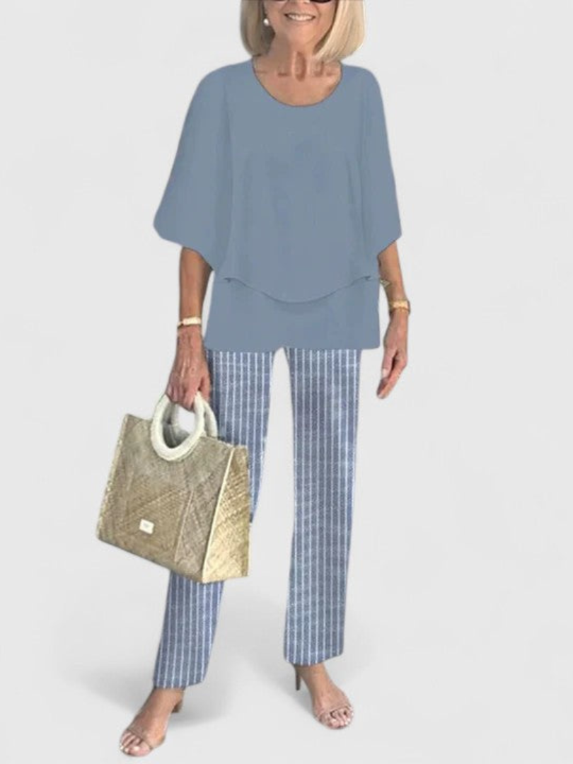 Layered Cape Overlay Top and Leaf Print Pants Two Piece Set