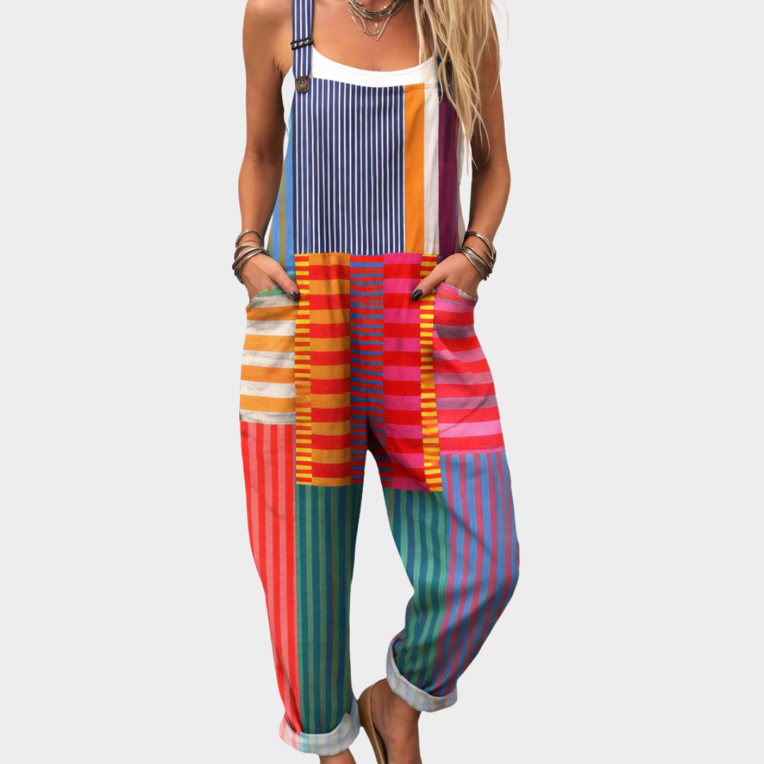 Striped Patchwork Print Pocket Overall Jumpsuit