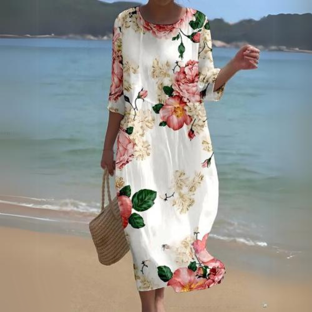 Floral Round Neck Half Sleeve Shift Summer Midi Dress