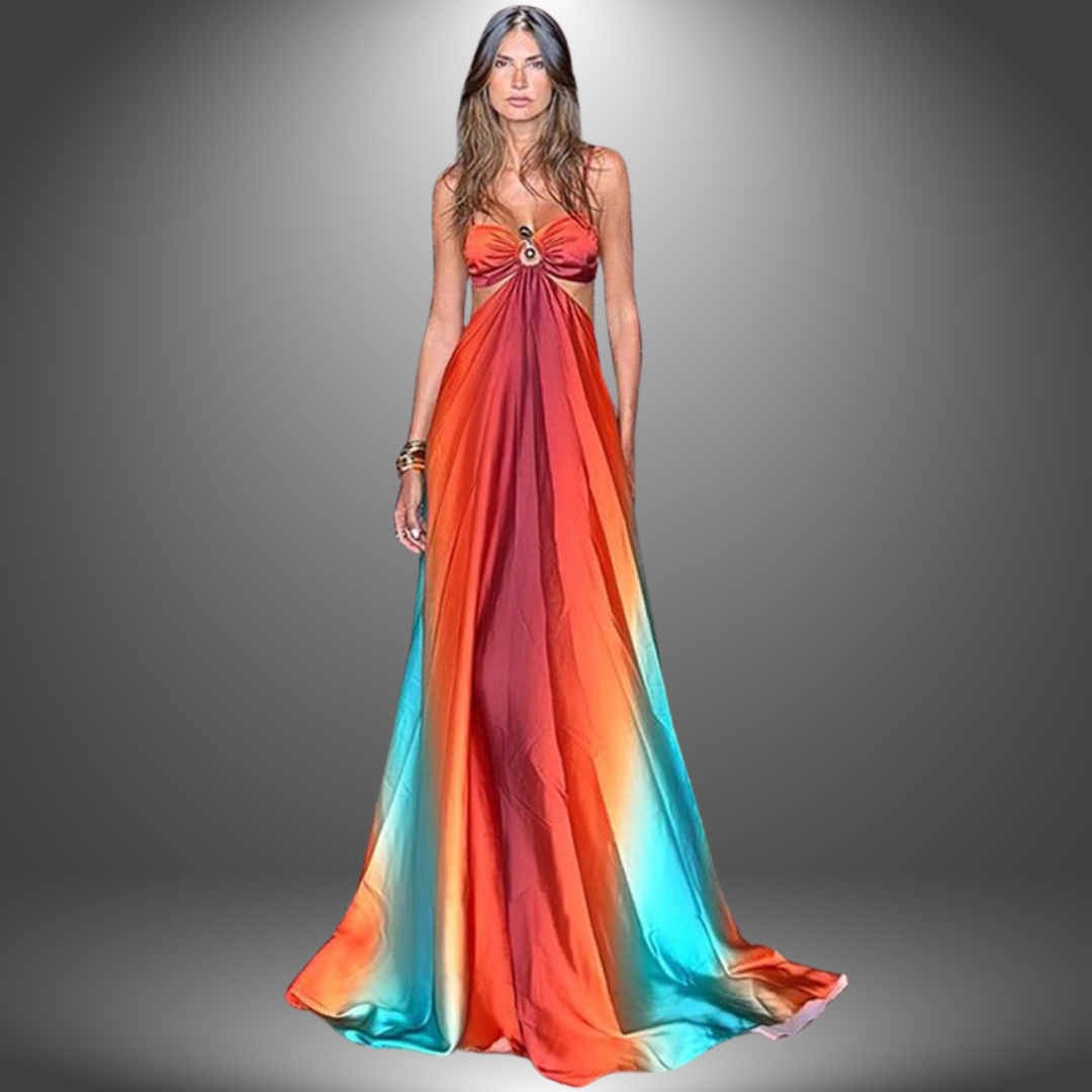Spaghetti Strap Cut Out Waist Flowing Maxi Gown for Prom