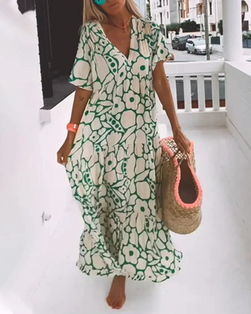 Abstract Floral Print V-Neck Flutter Sleeve Tiered Maxi Dress