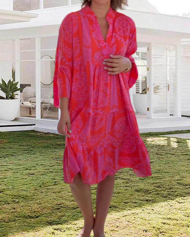 Bell Sleeve Ruffle Cuff Deep V-Neck Tiered Shift Mini Dress