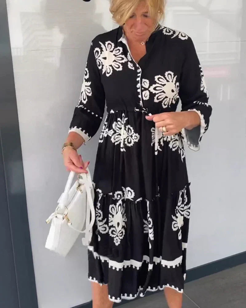 Border Trim Button Front V-Neck Drawstring Waist Tiered Ruffle Cuff Midi Shirt Dress