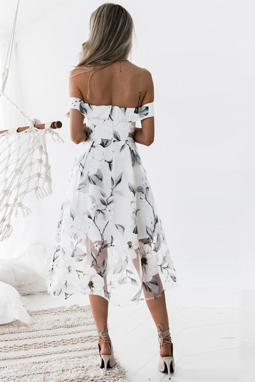 Tulle Floral Embroidered Off Shoulder Midi Dress
