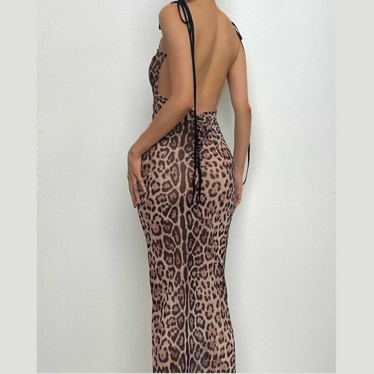 Sheer Mesh Tie Shoulder Spaghetti Strap Bodycon Maxi Dress 6