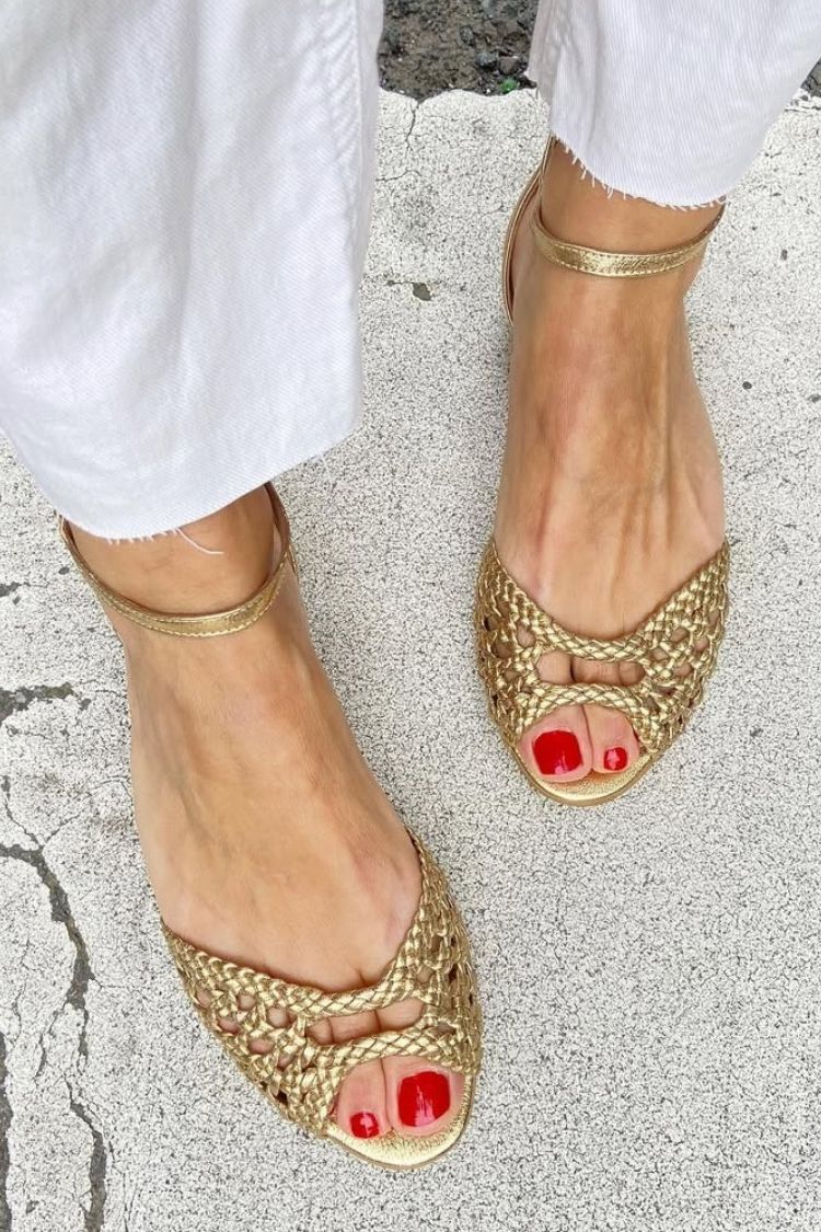 Woven Peep Toe Ankle Strap Flat Sandals