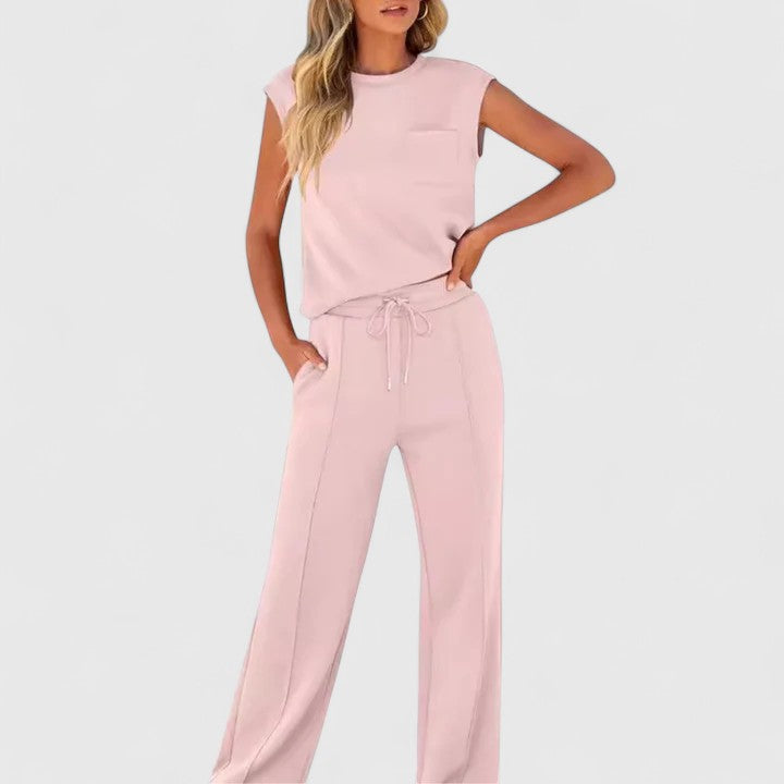 Cap Sleeve Top and Drawstring Wide Leg Pants Two Piece Set