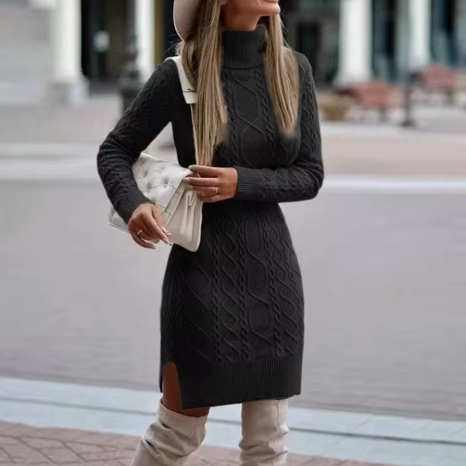 Cable Knit Turtleneck Long Sleeve Ribbed Hem Bodycon Mini Dress
