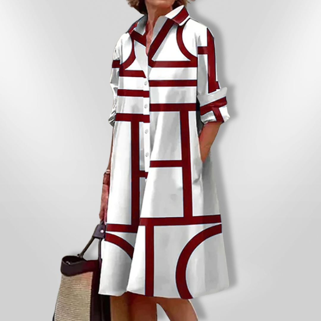 Geometric Print Collared Button Front A-Line Midi Shirt Dress