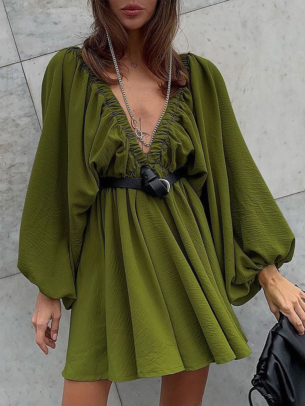 Deep V-Neck Balloon Sleeve Ruched Babydoll Mini Dress