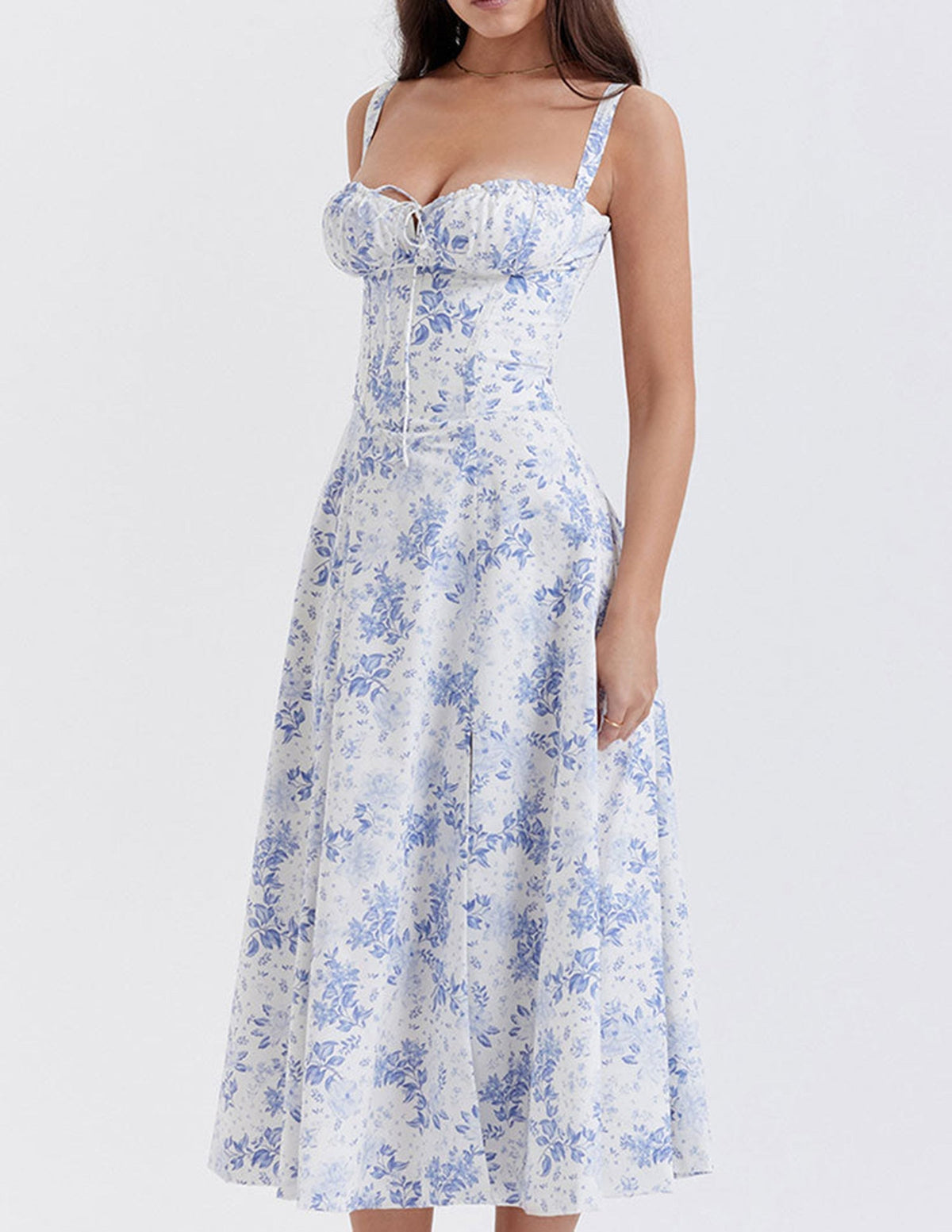 Floral Print Sweetheart Neck Corset High Split Midi Dress
