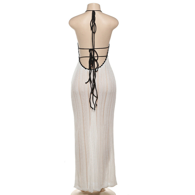 Knit Halter Neck Deep V-Neck Contrast Trim Waist Cut Out Backless Maxi Dress