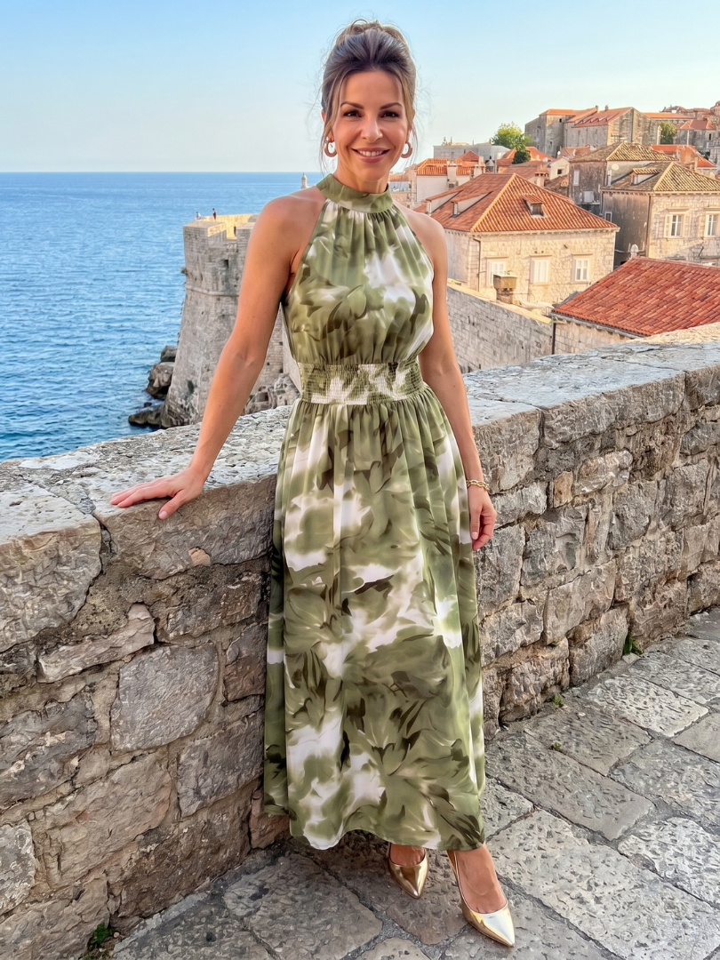 Abstract Print Halter Neck Smocked Waist Maxi Dress