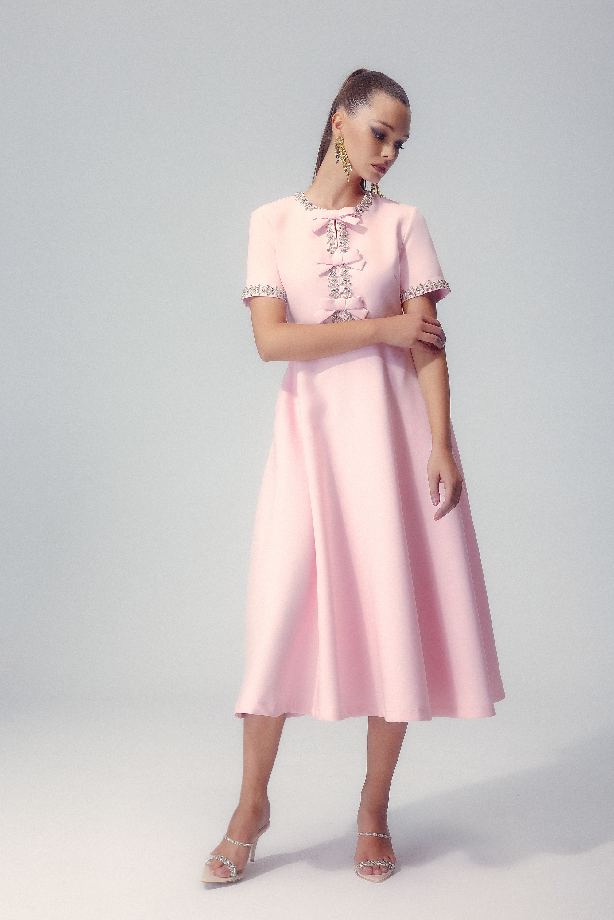 Rhinestone Trim Triple Bow Short Sleeve Round Neck A-Line Midi Dress