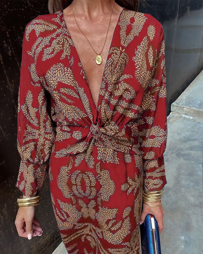 Janella - Vintage Draped Long Sleeve Midi Dress