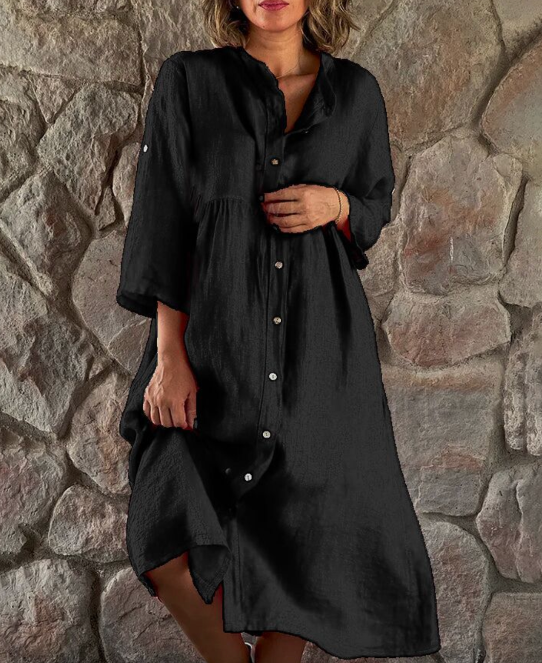 Button Down Three Quarter Sleeve Roll Tab Midi Shirt Dress