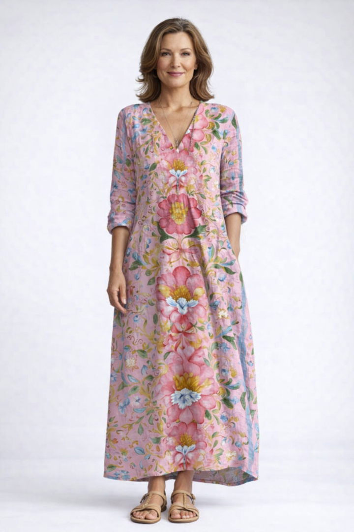 Floral Print V-Neck Long Sleeve Pocket A-Line Maxi Dress