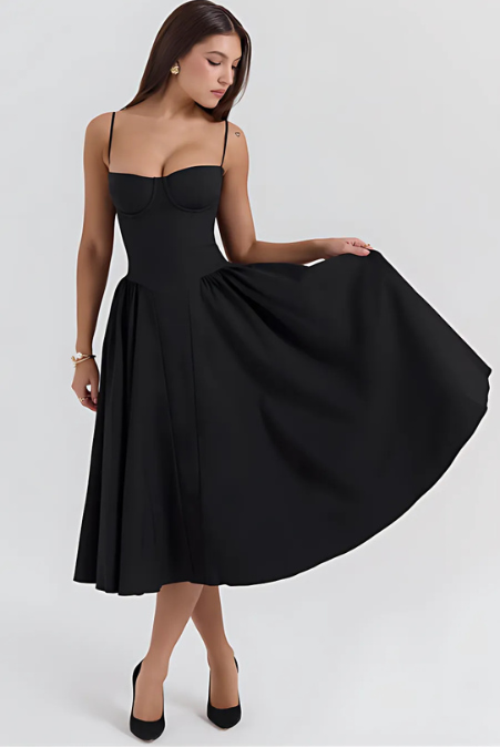 Corset Bodice Strappy Fit and Flare Midi Dress