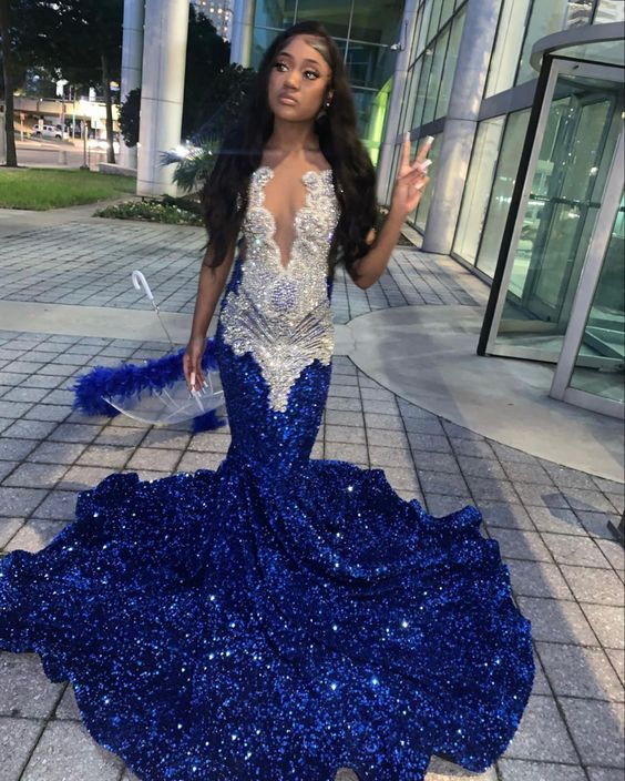 Royal Blue Sequins Mermaid Prom Dress Formal Evening Occasion Gowns cc950