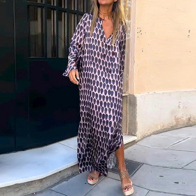 Geometric Print V-Neck Long Sleeve Maxi Dress