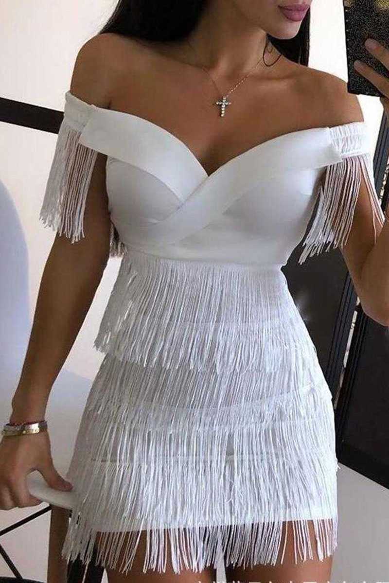 Off Shoulder Tiered Fringe Bodycon Mini Dress 3