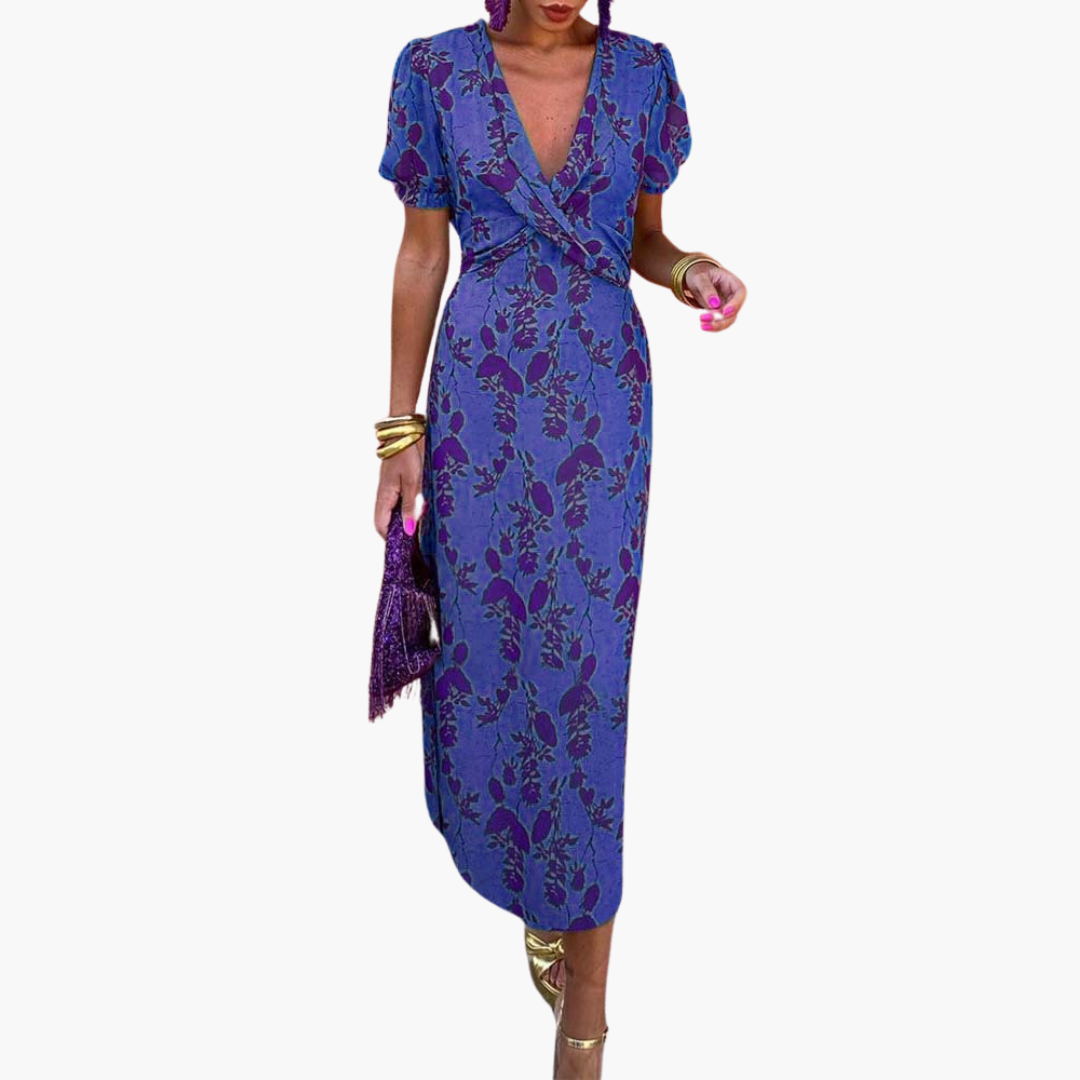 Julia | Elegant Deep V-Neck Dress with Leaf Pattern Blue
